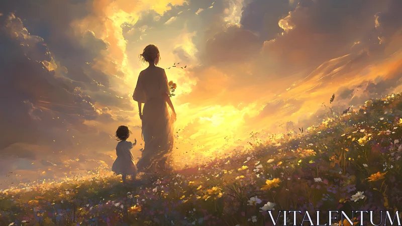 Mother and child crossing a radiant wildflower horizon.