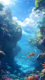 Luminous fantasy reef canyon with ruins and golden fish.