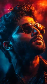 Neon rim-lit male portrait with sunglasses in bicolor haze