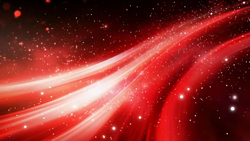 Vibrant red abstract light trails with glowing particles, digital art.