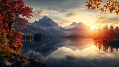 Golden mountain sunrise glows over tranquil autumn lake