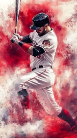 Crimson swing erupts around focused baseball slugger in motion.