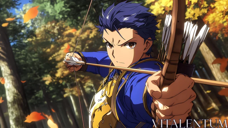 Focused anime archer drawing recurve bow in autumn forest