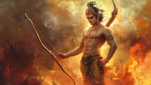 Warrior archer stands amid swirling fire and smoke