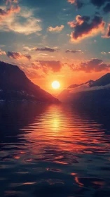 High-saturation mountain lake sunset with mirrored solar reflection