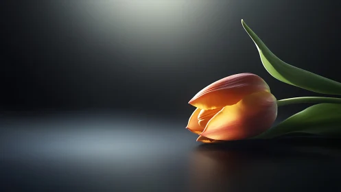 Orange Tulip with Backlighting on Dark Surface.