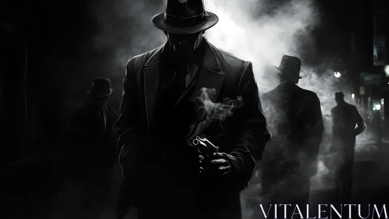 Noir gunman emerges from backlit smoke in high-contrast chiaroscuro