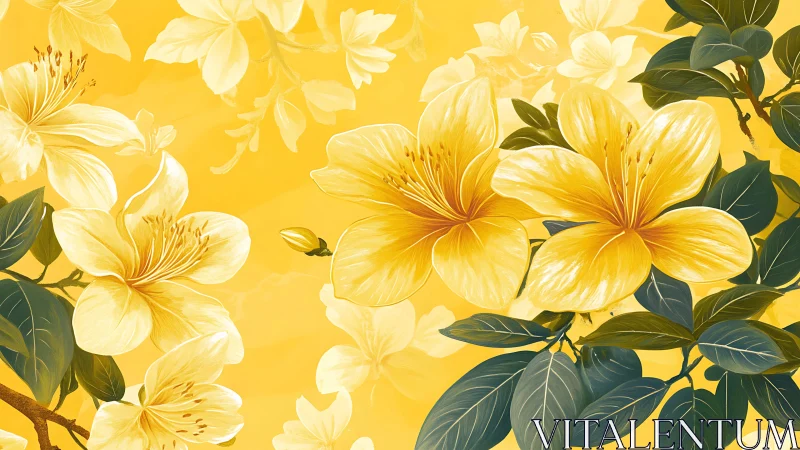Golden Yellow Florals With Verdant Foliage Against Chromatic Background.