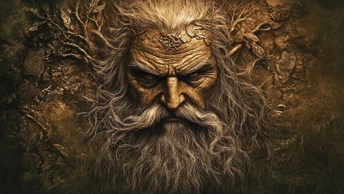 Elder forest entity with bark-textured skin and entwined root hair