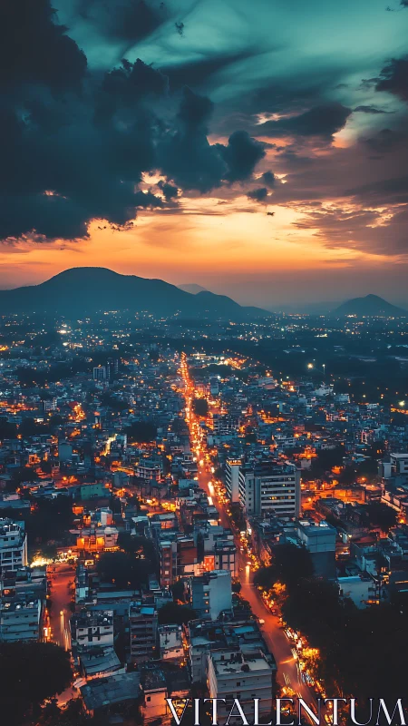 Aerial night cityscape aligns glowing avenue beneath storm clouds