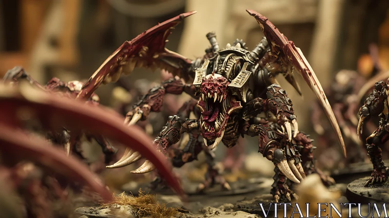 Macro view of painted alien war-beast miniature with serrated bio-mechanical armor