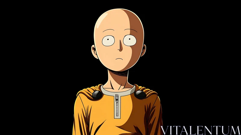 Bald anime character in yellow suit under split lighting