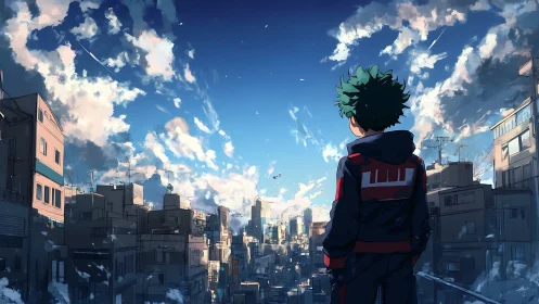 Solitary anime figure overlooking sunlit urban skyline at dusk
