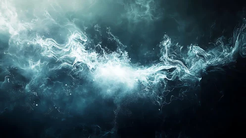 Abstract swirling white smoke on dark teal background, digital art.