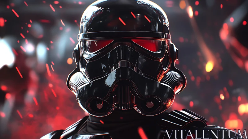 Chromed tactical trooper helm under infernal particle barrage.