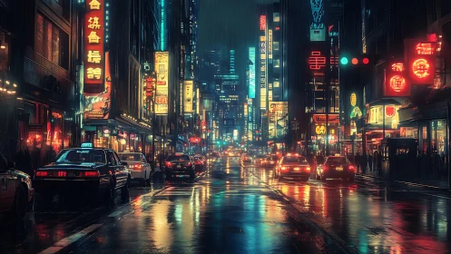 Neon-saturated rainy avenue with taxis and dense vertical signage.
