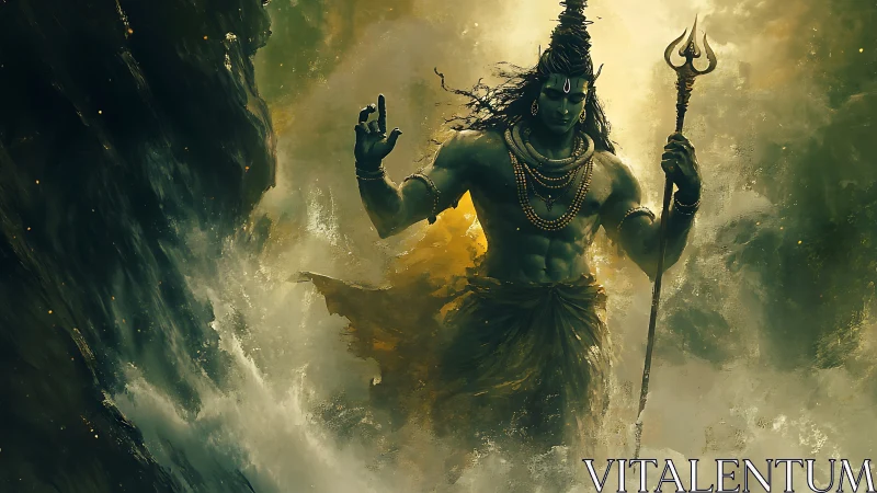 Mythic warrior emerges through storming celestial waters.