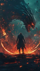 Lone warrior confronts infernal dragon amid swirling firestorm.