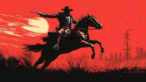 Lone cowboy on horseback aiming pistol at red sunset.