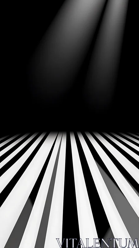 Converging white stripes under dramatic dual spotlights.