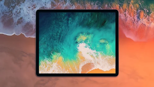 Tablet Display Showcasing Aerial Beach Waves in Vibrant Turquoise.