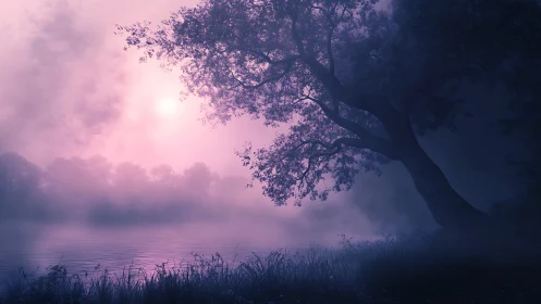 Leaning lakeside tree in violet mist at diffuse sunrise.