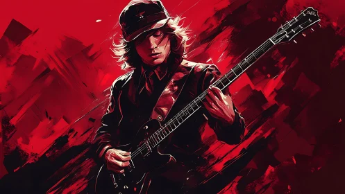 Electric guitarist in red abstract field conveys dynamic motion