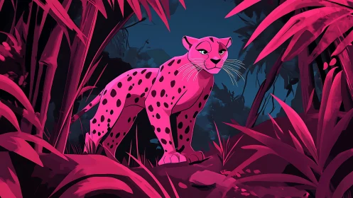Stylized leopard with hot pink coloration amid vegetation.