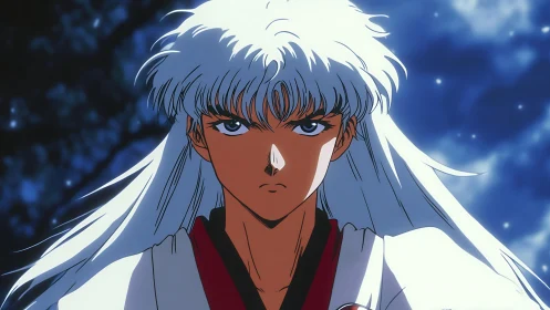 Silver-haired anime warrior stares ahead under moonlight.