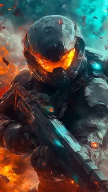 Armored sci fi soldier with rifle in explosive battle zone.