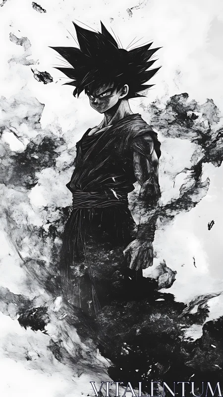 Monochrome anime warrior in ink-splatter energy field.