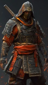 Hooded samurai assassin stands amid drifting embers in armor