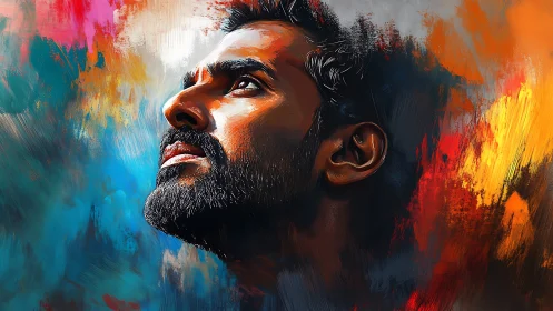 Bearded man gazing upward amid vivid abstract colors.