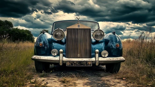 Vintage luxury car faces stormy sky on narrow rural path