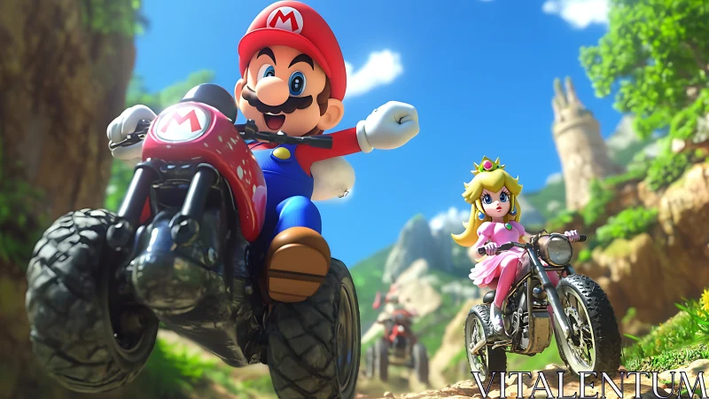 Motorcycle race with stylized heroes on lush canyon track.