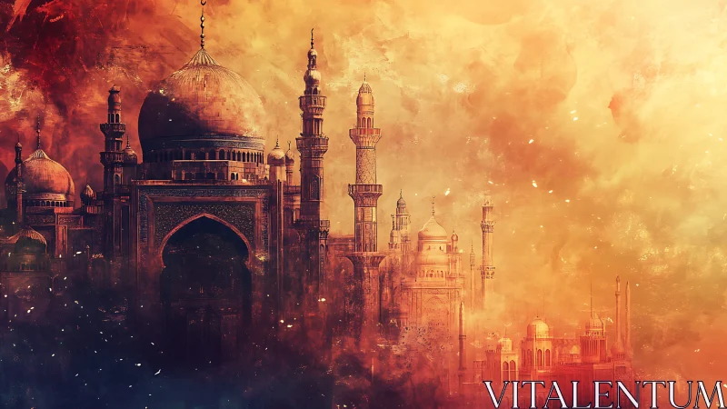 Golden fantasy palace rises within swirling celestial light.