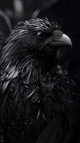 High-contrast monochrome avian portrait with glossy sculpted plumage