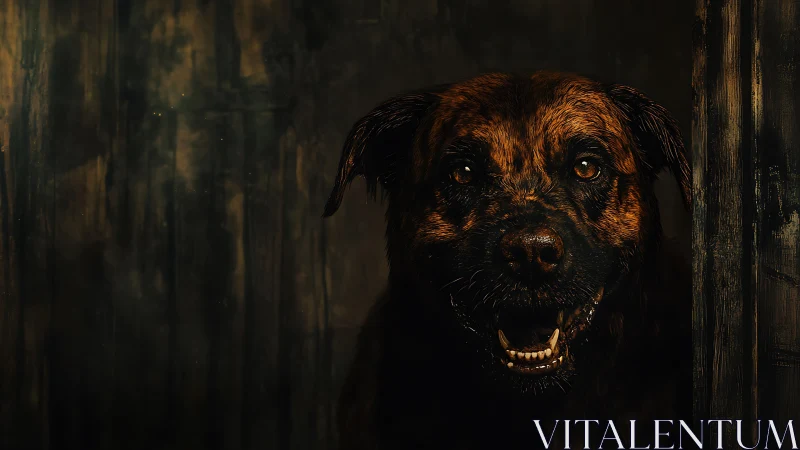 Midnight sentry dog grinning through the shadows of wood.