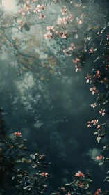 Ethereal flowering branches frame a misted forest void