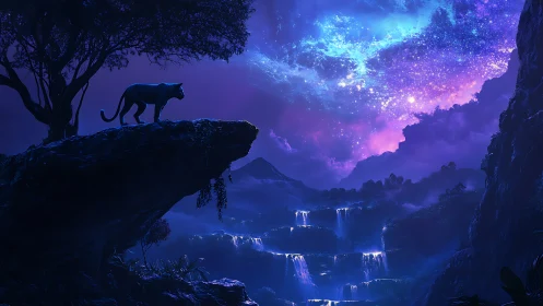 Digital landscape with silhouetted mountain feline viewing bioluminescent sky phenomenon