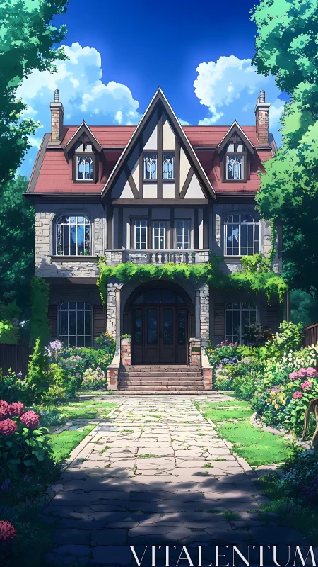 Sunlit manor facade framed by lush summer garden.