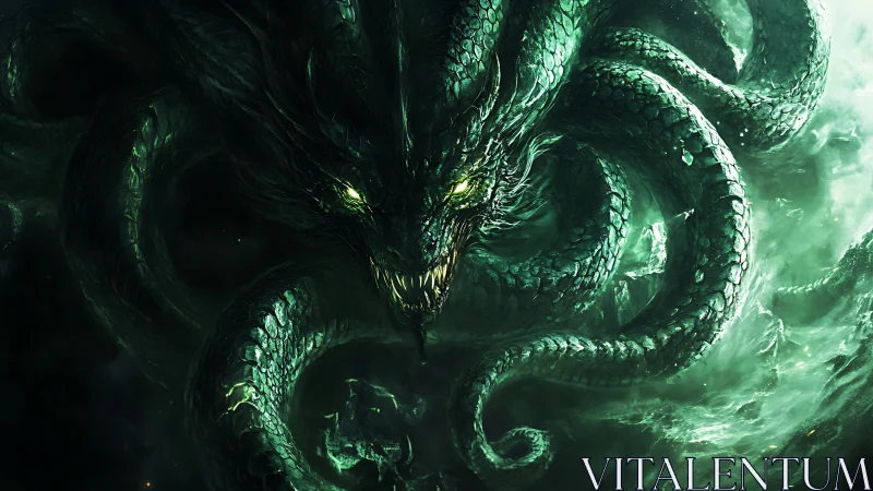 Serpentine sea monster with glowing eyes and coils poised.