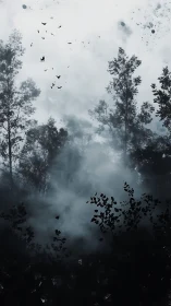 Misty forest silhouettes with birds drifting through dawn light.