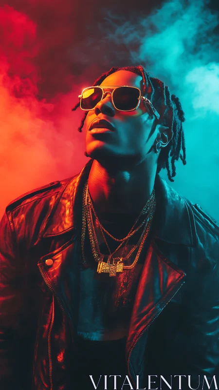 Bicolor gel-lit portrait of stylish man in leather and chains