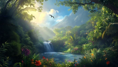 Sunlit jungle waterfall renders atmospheric tropical depth