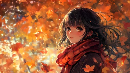 Autumn-breeze girl wrapped in ember leaves and quiet wonder.