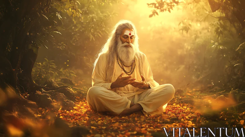 Forest sage in golden meditation amid drifting autumn light.