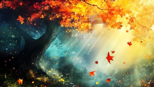 Autumn spellbound: crimson leaves dancing through sunbeams.