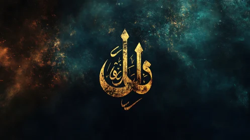 Celestial gold Arabic calligraphy blazing through cosmic dusk.