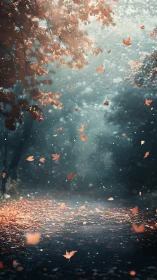 Soft autumn leaves swirl gently above a quiet forest path